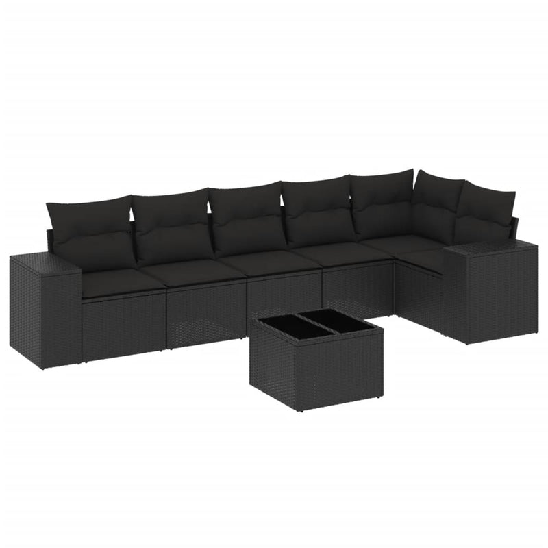 7-delige Loungeset met kussens poly rattan zwart