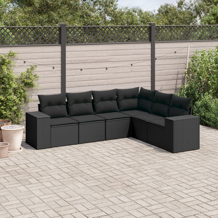 6-delige Loungeset met kussens poly rattan zwart