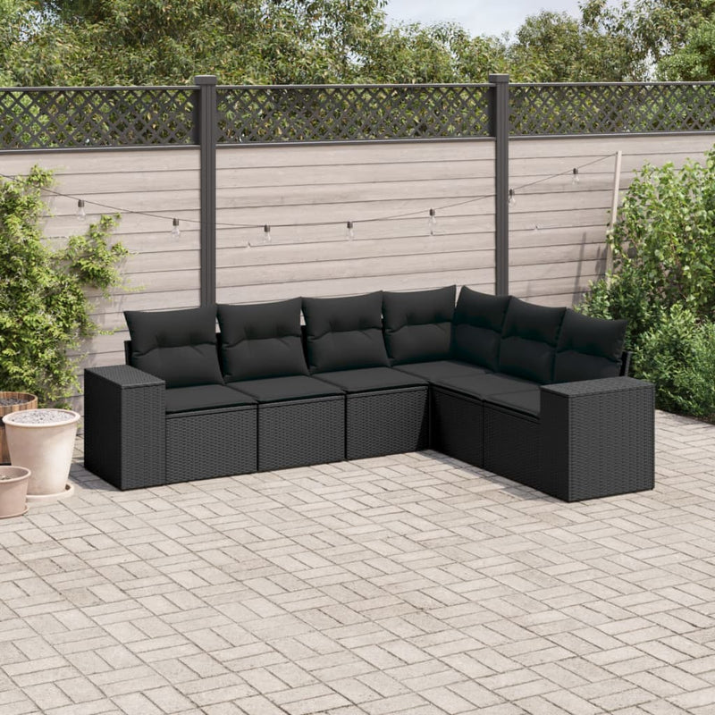6-delige Loungeset met kussens poly rattan zwart