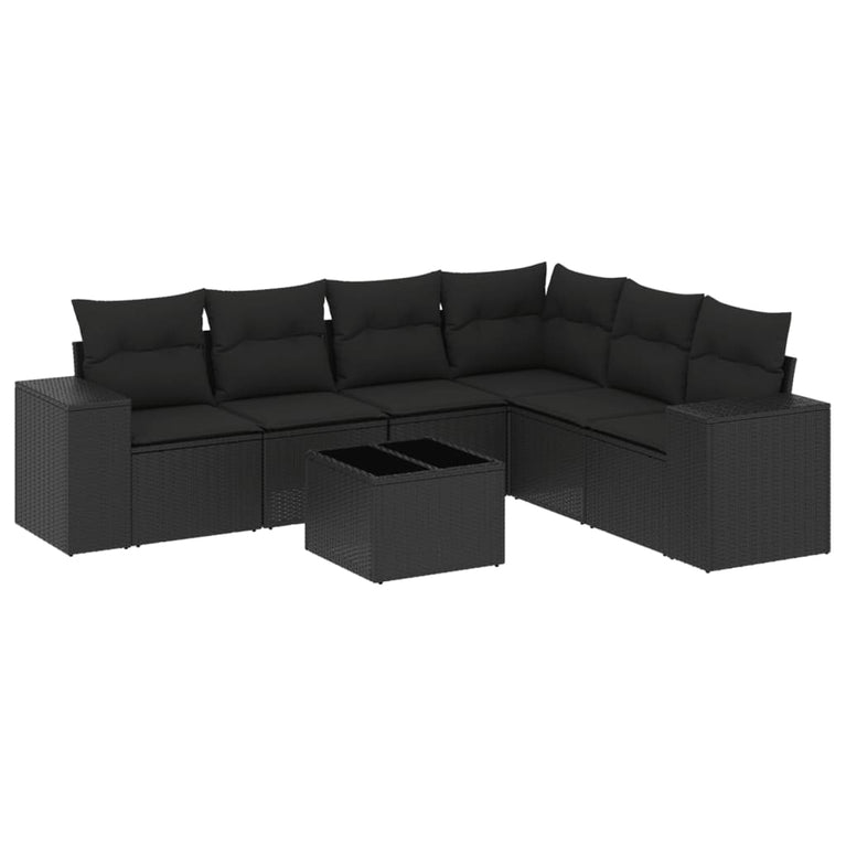 7-delige Loungeset met kussens poly rattan zwart