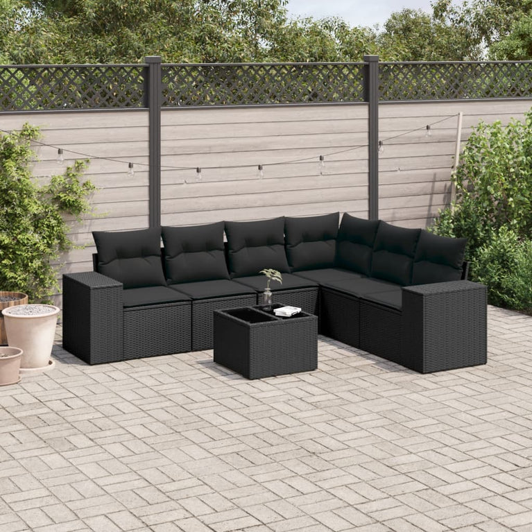 7-delige Loungeset met kussens poly rattan zwart