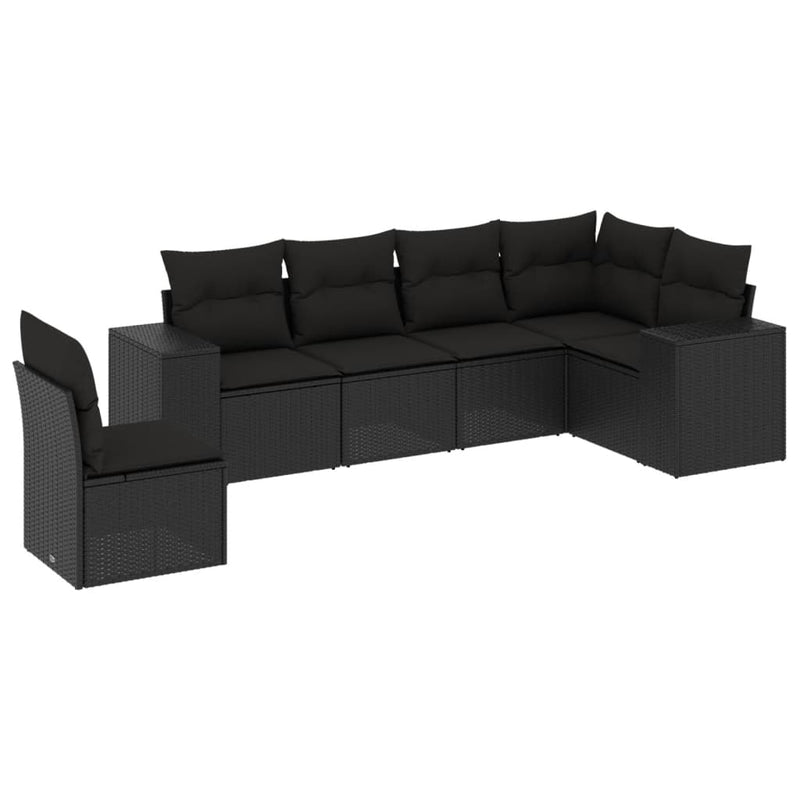 6-delige Loungeset met kussens poly rattan zwart