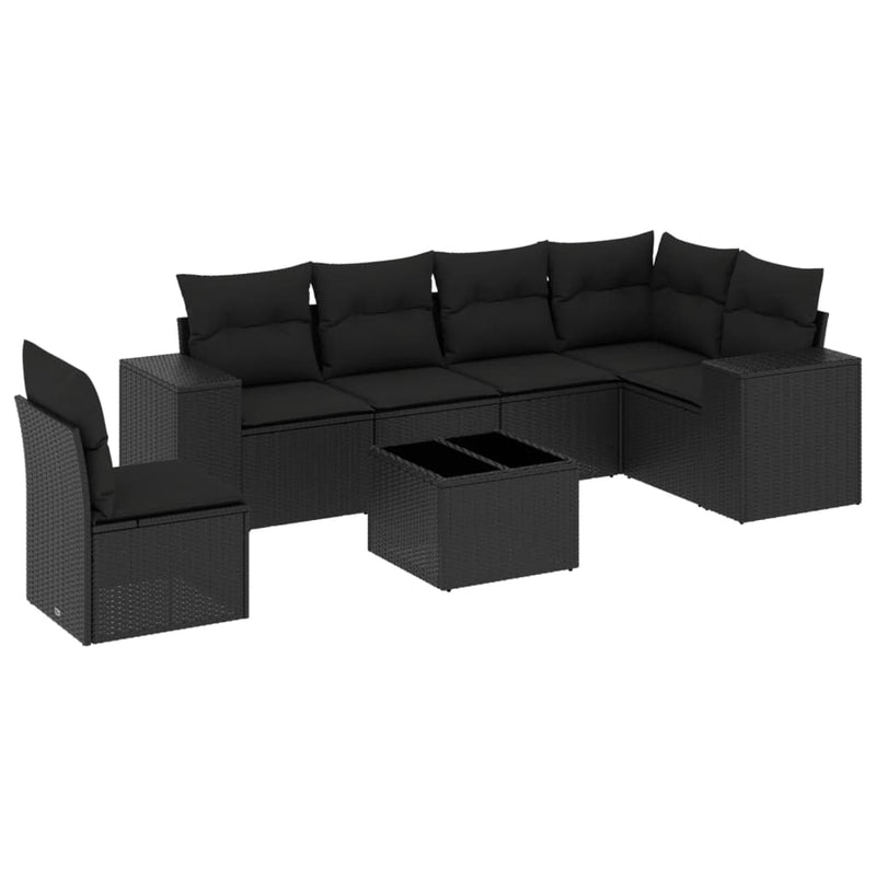 7-delige Loungeset met kussens poly rattan zwart