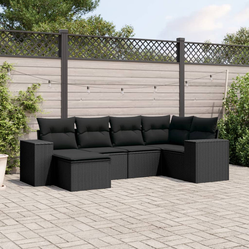 6-delige Loungeset met kussens poly rattan zwart