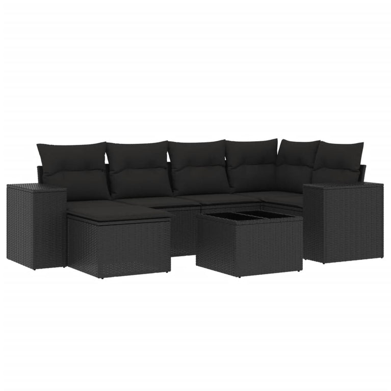 7-delige Loungeset met kussens poly rattan zwart