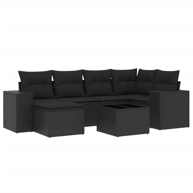 7-delige Loungeset met kussens poly rattan zwart