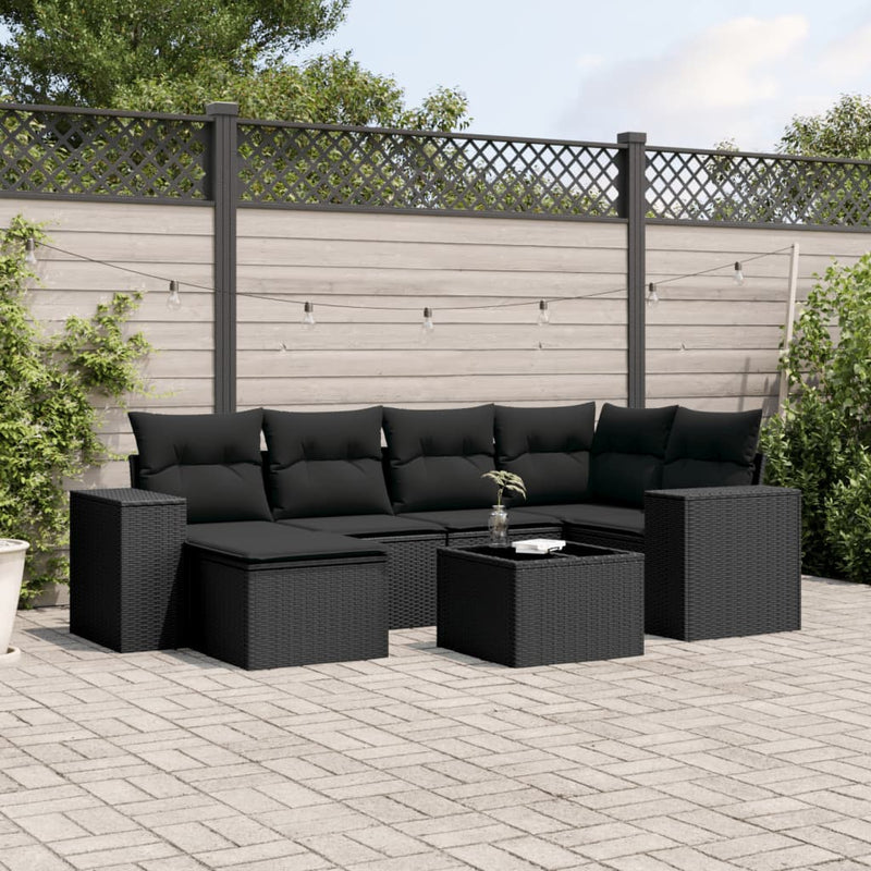 7-delige Loungeset met kussens poly rattan zwart