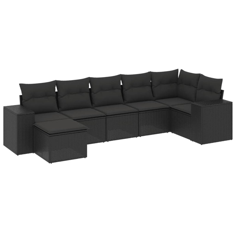 7-delige Loungeset met kussens poly rattan zwart