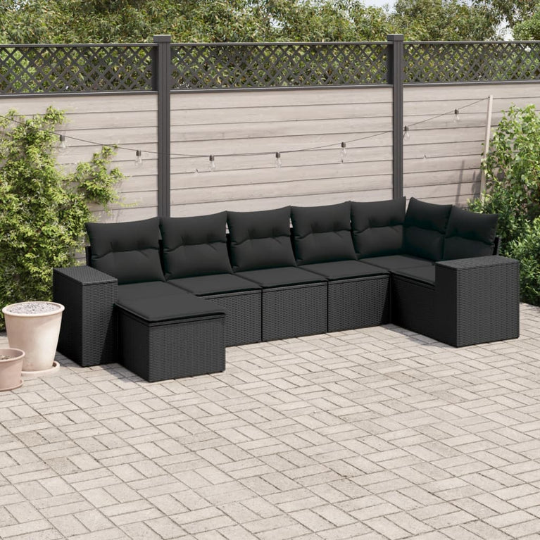 7-delige Loungeset met kussens poly rattan zwart