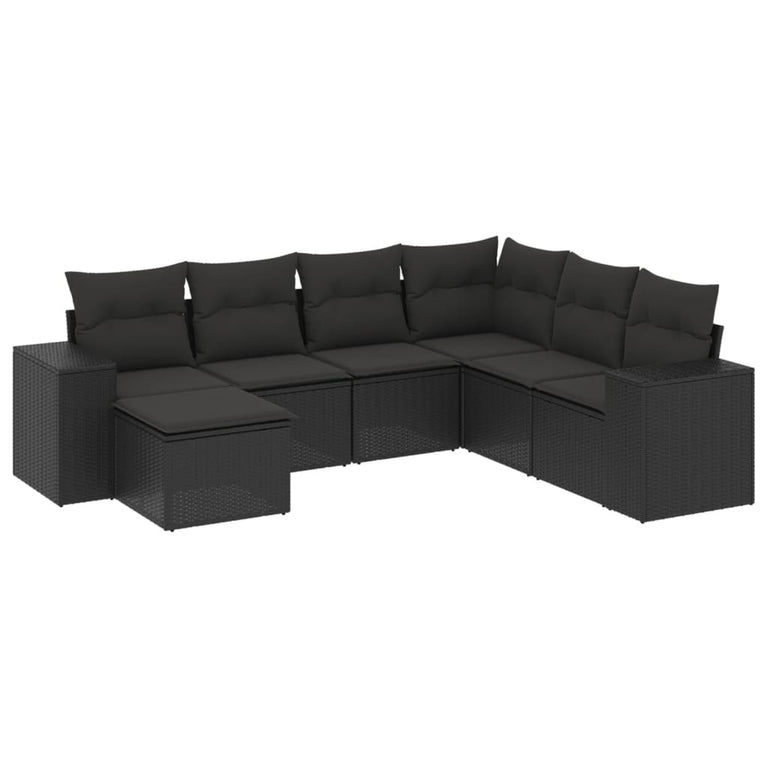 7-delige Loungeset met kussens poly rattan zwart