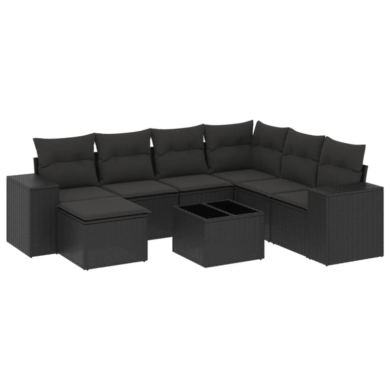 8-delige Loungeset met kussens poly rattan zwart