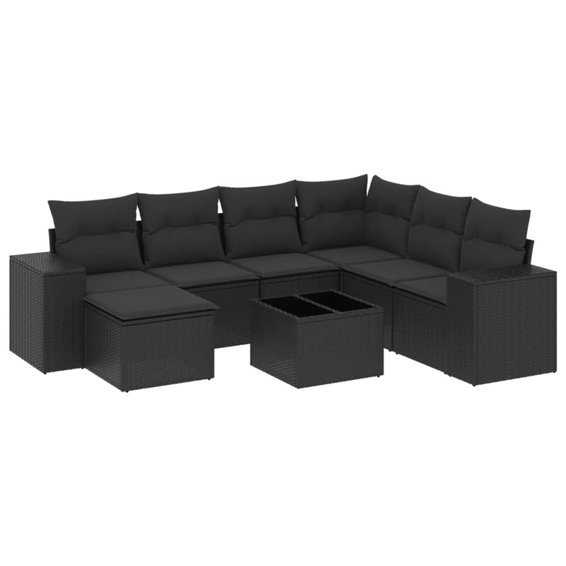 8-delige Loungeset met kussens poly rattan zwart