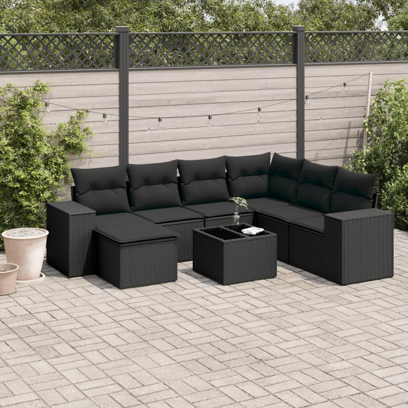 8-delige Loungeset met kussens poly rattan zwart