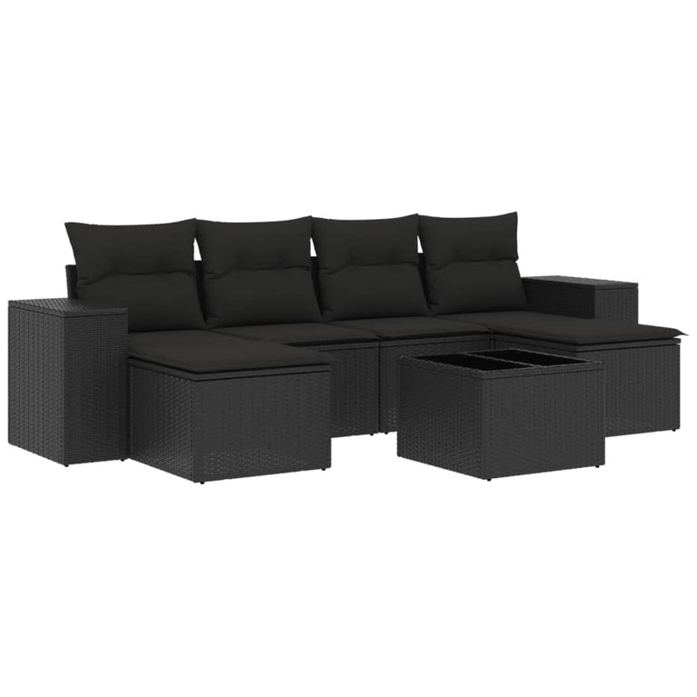 7-delige Loungeset met kussens poly rattan zwart