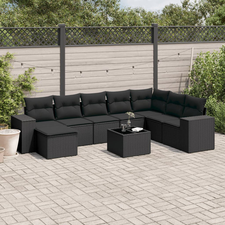9-delige Loungeset met kussens poly rattan zwart