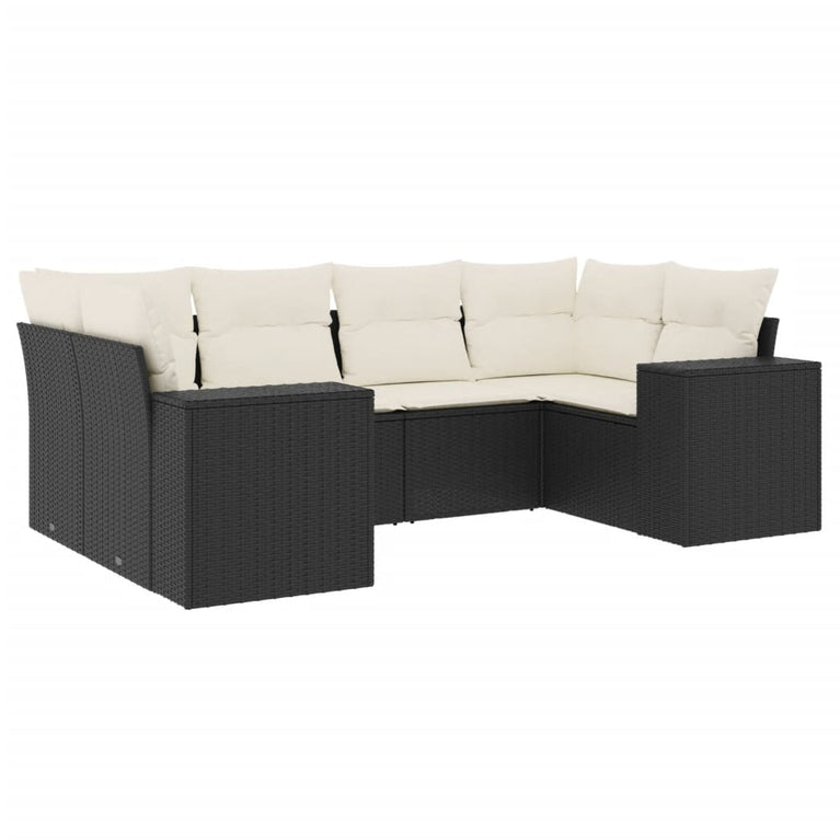 6-delige Loungeset met kussens poly rattan zwart