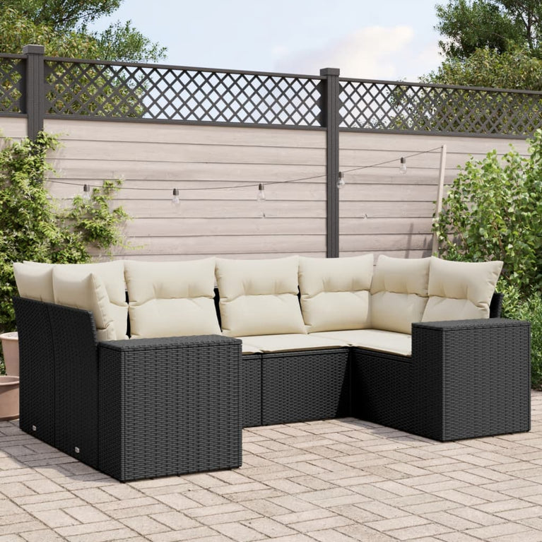6-delige Loungeset met kussens poly rattan zwart