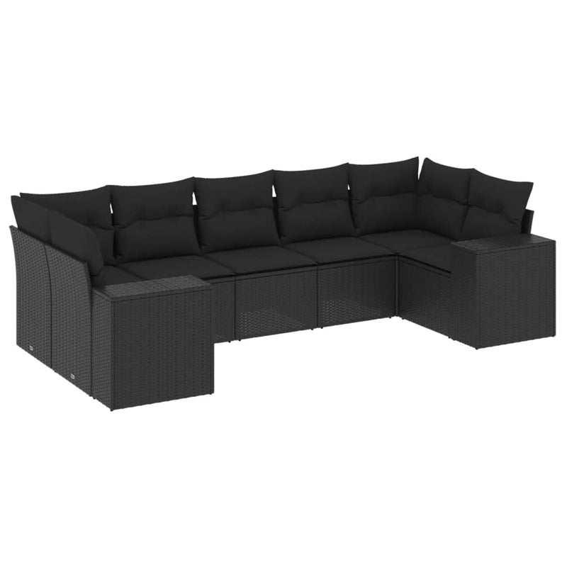 7-delige Loungeset met kussens poly rattan zwart