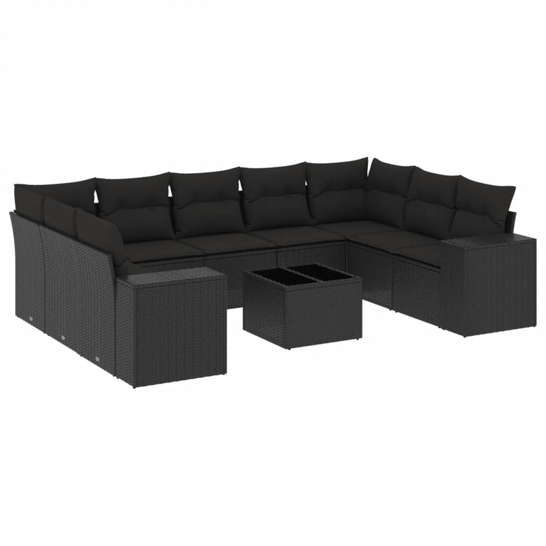 10-delige Loungeset met kussens poly rattan zwart