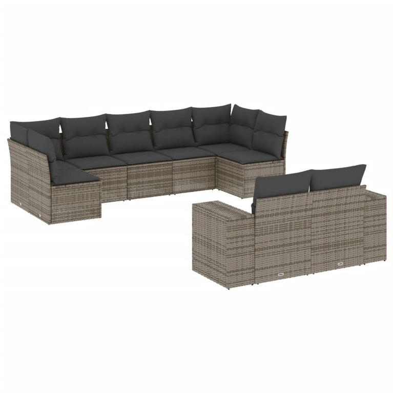 9-delige Loungeset met kussens poly rattan grijs