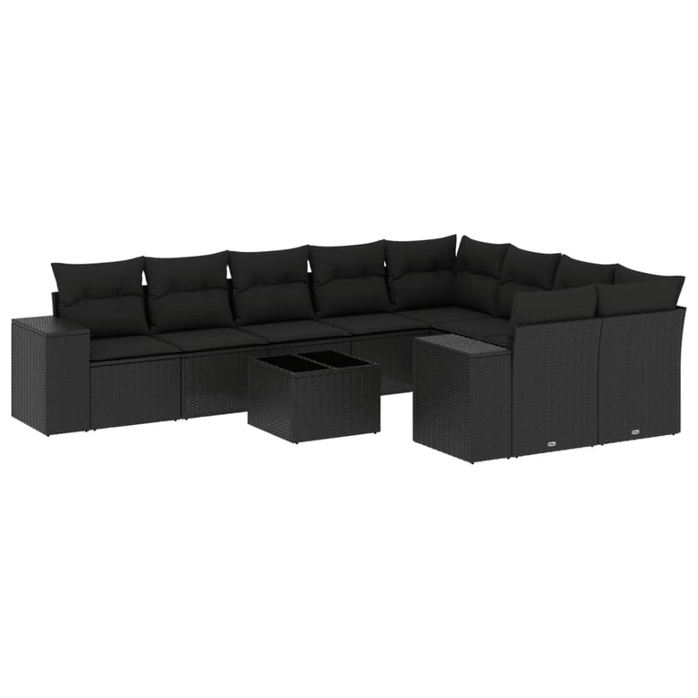 10-delige Loungeset met kussens poly rattan zwart