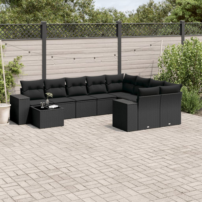 10-delige Loungeset met kussens poly rattan zwart
