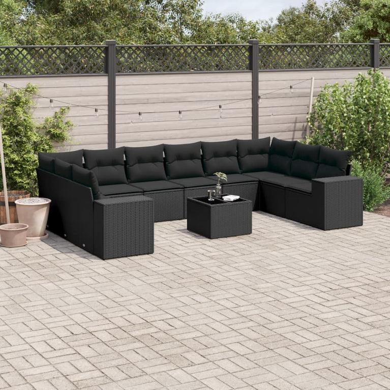 11-delige Loungeset met kussens poly rattan zwart