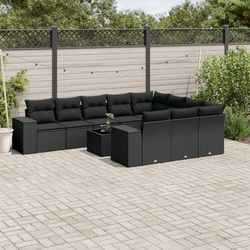 11-delige Loungeset met kussens poly rattan zwart