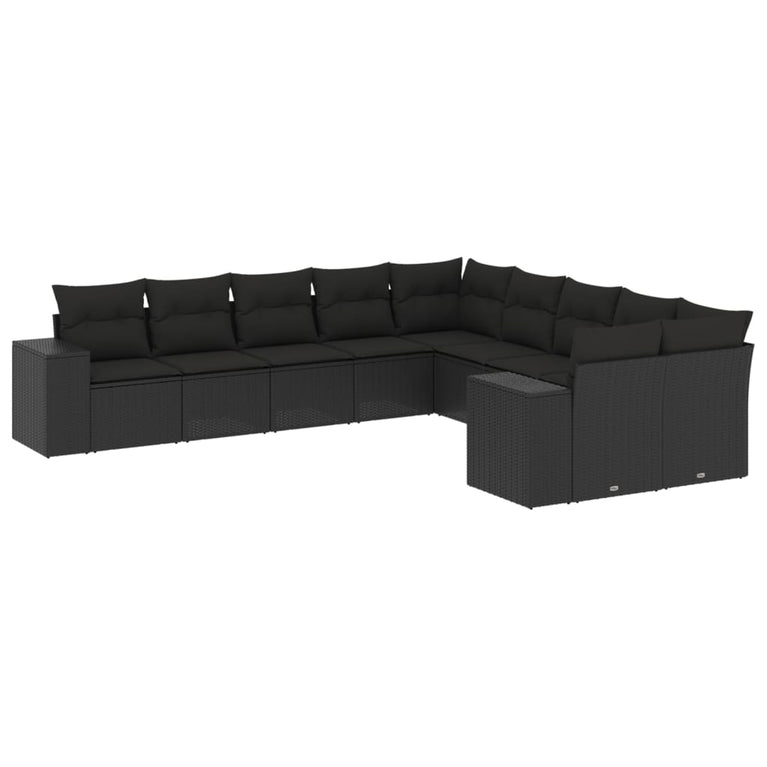 10-delige Loungeset met kussens poly rattan zwart