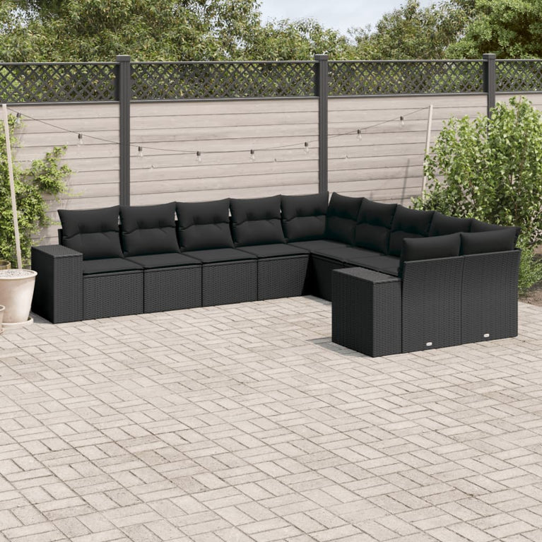 10-delige Loungeset met kussens poly rattan zwart