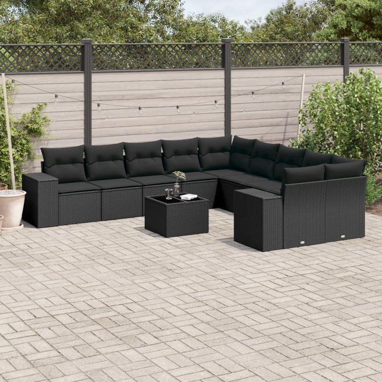 11-delige Loungeset met kussens poly rattan zwart
