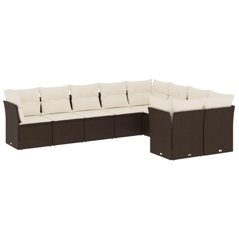 9-delige Loungeset met kussens poly rattan bruin