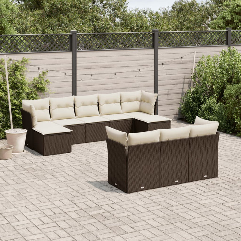 10-delige Loungeset met kussens poly rattan bruin