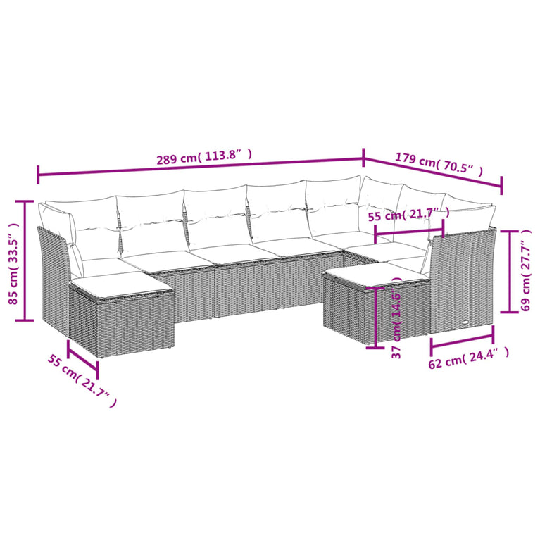 9-delige Loungeset met kussens poly rattan bruin