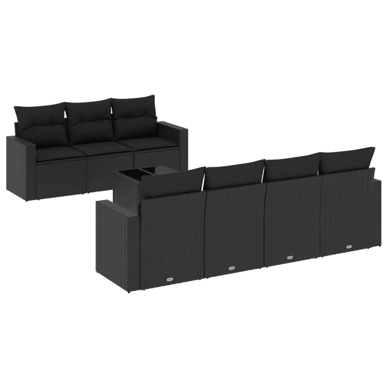 8-delige Loungeset met kussens poly rattan zwart