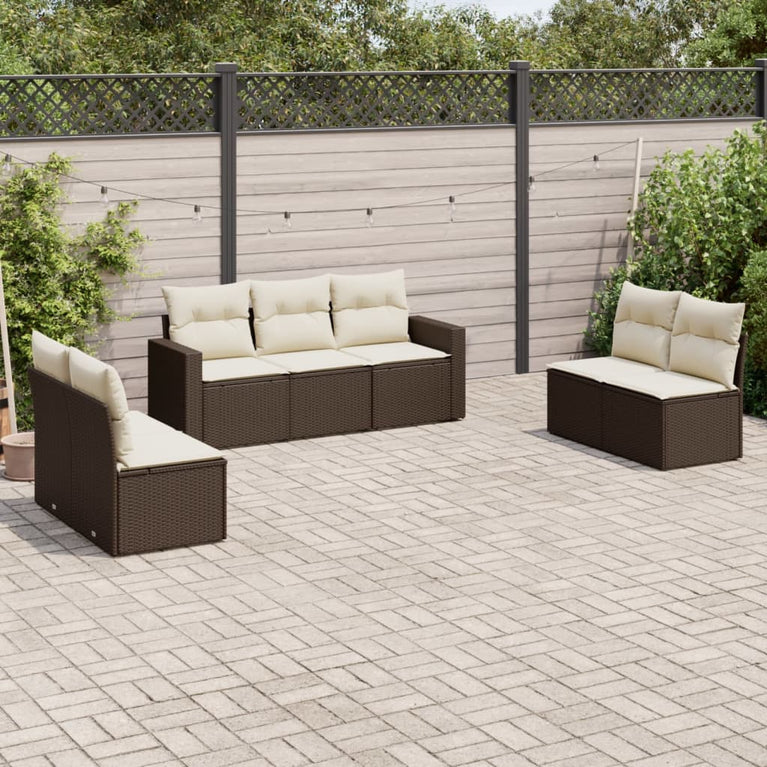 7-delige Loungeset met kussens poly rattan bruin