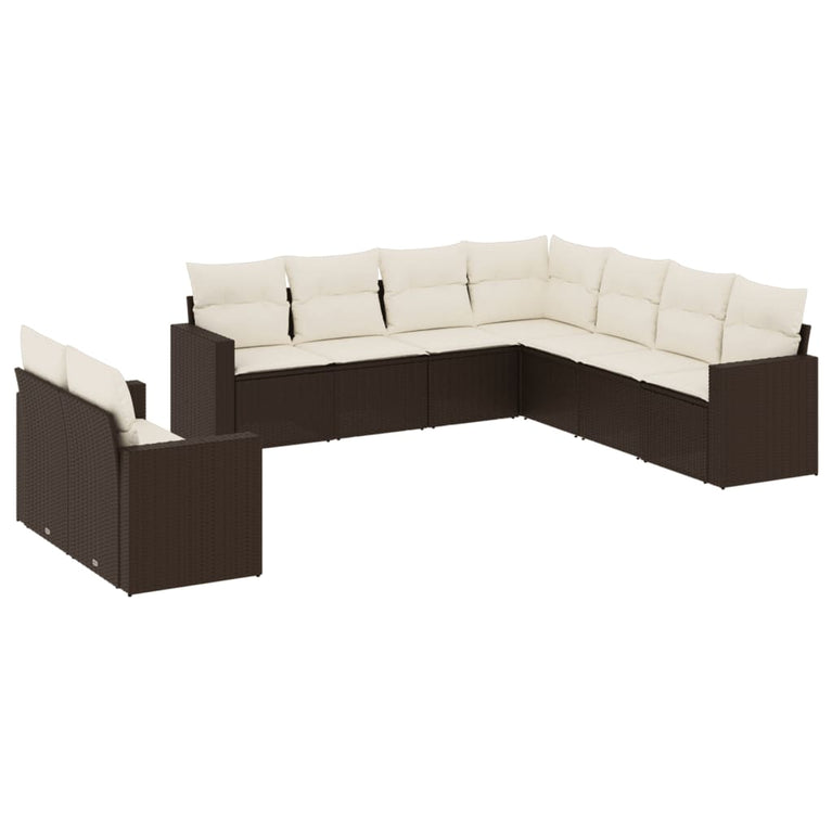 9-delige Loungeset met kussens poly rattan bruin
