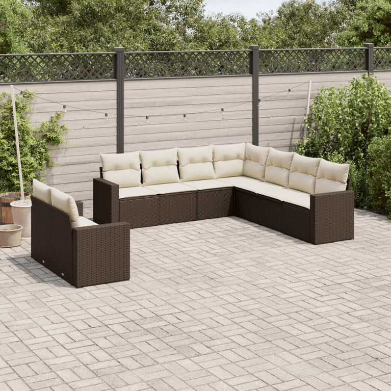9-delige Loungeset met kussens poly rattan bruin