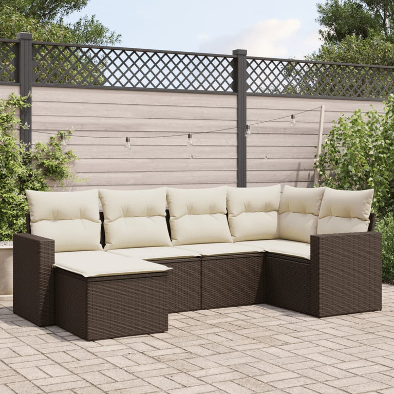 6-delige Loungeset met kussens poly rattan bruin