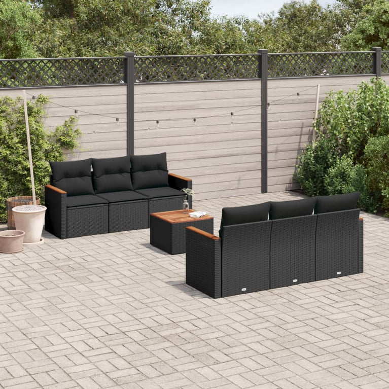 7-delige Loungeset met kussens poly rattan zwart