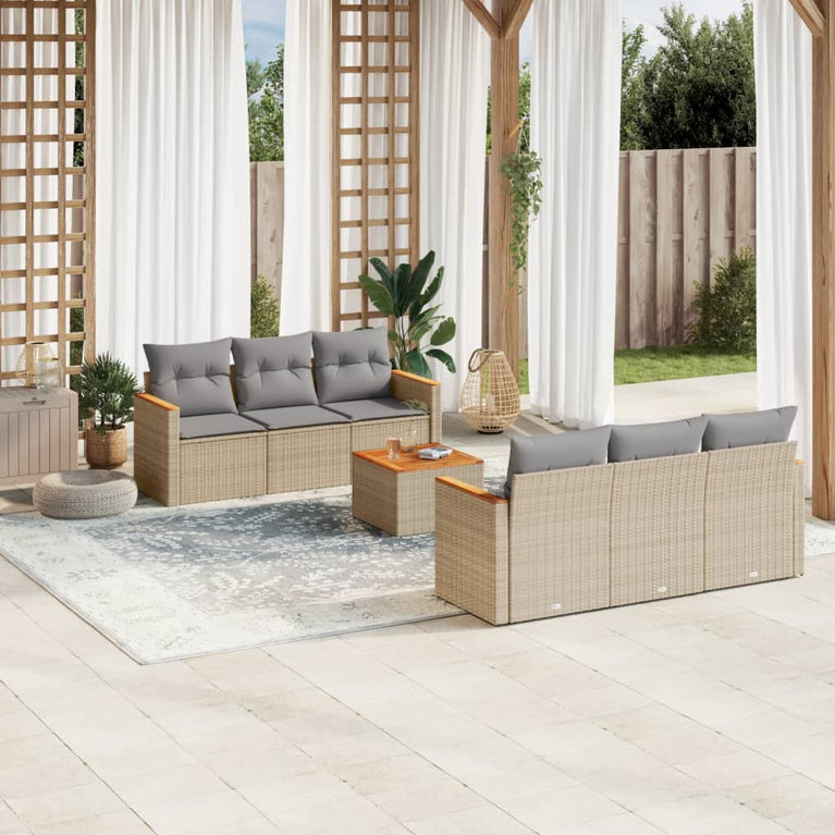7-delige Loungeset met kussens poly rattan gemengd beige