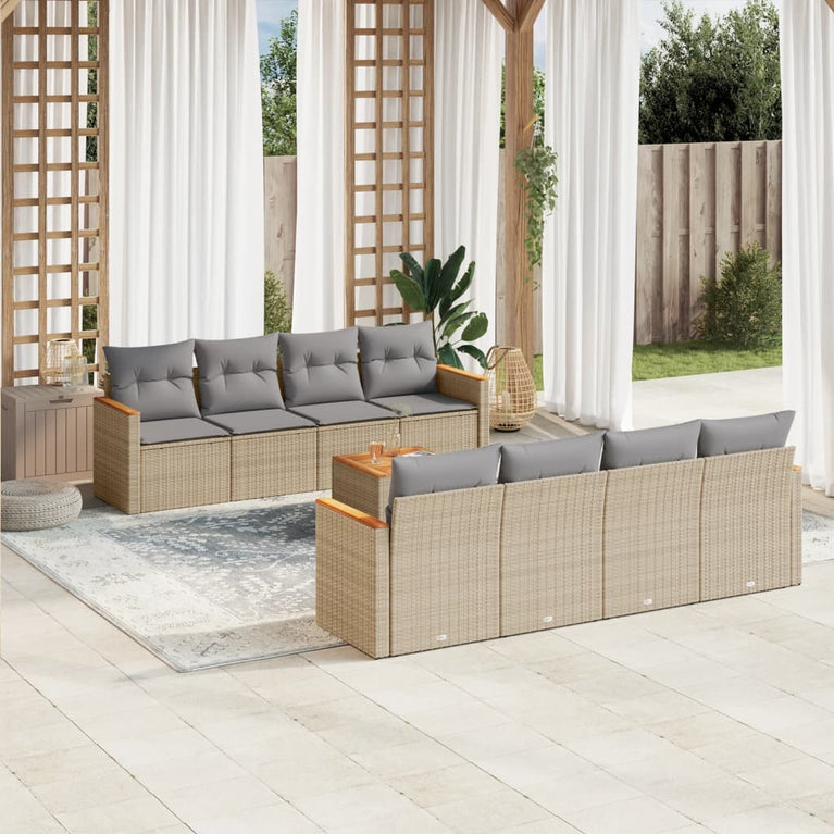 9-delige Loungeset met kussens poly rattan gemengd beige