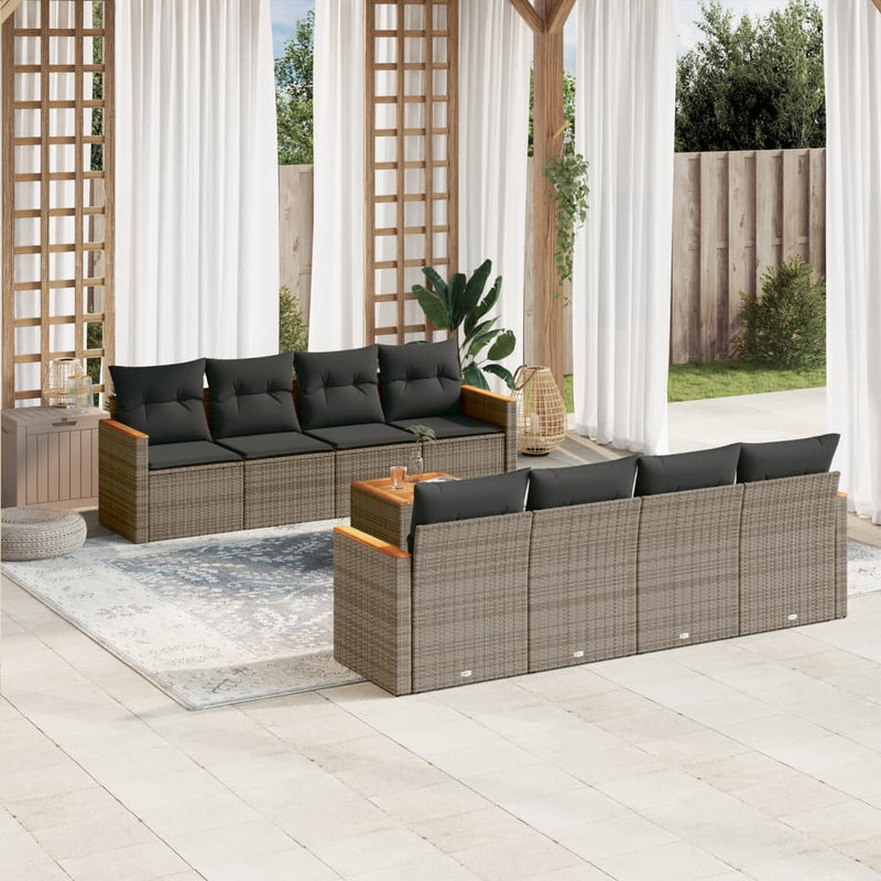 9-delige Loungeset met kussens poly rattan grijs