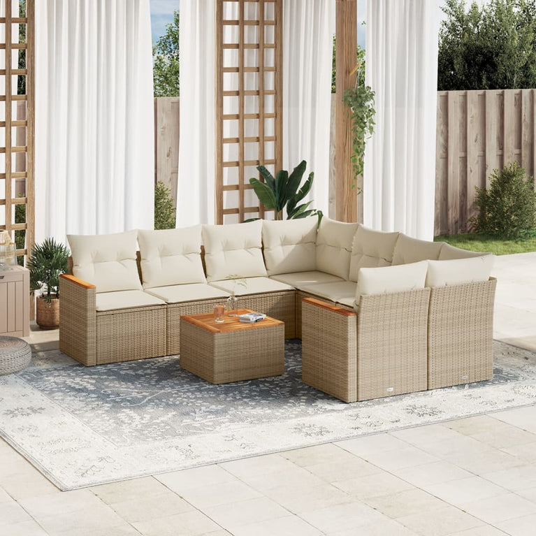 9-delige Loungeset met kussens poly rattan beige