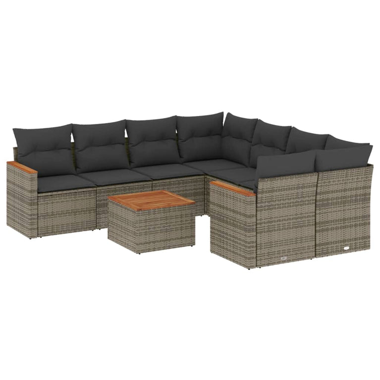 9-delige Loungeset met kussens poly rattan grijs