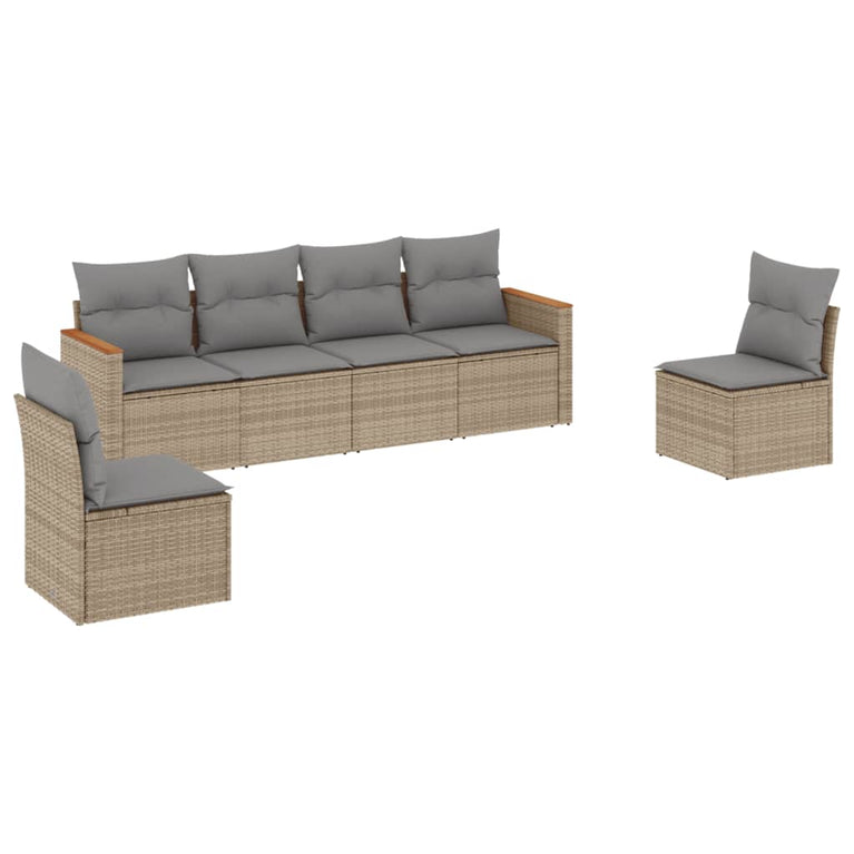 6-delige Loungeset met kussens poly rattan gemengd beige