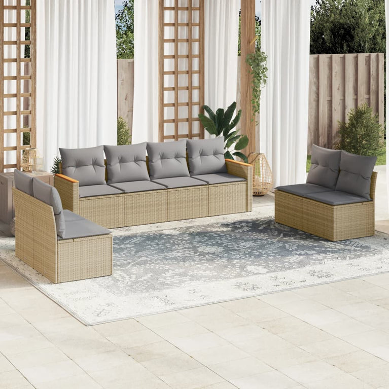 8-delige Loungeset met kussens poly rattan gemengd beige