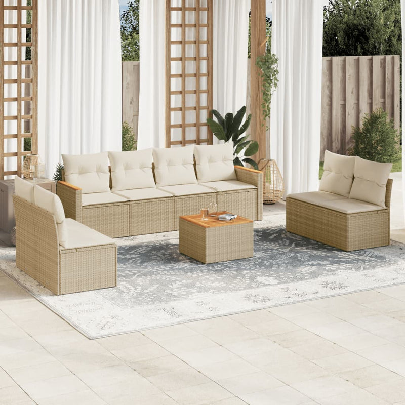 9-delige Loungeset met kussens poly rattan beige
