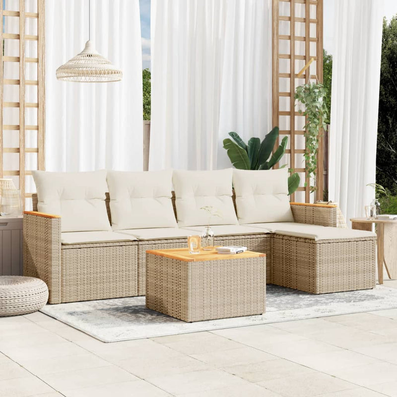 6-delige Loungeset met kussens poly rattan beige