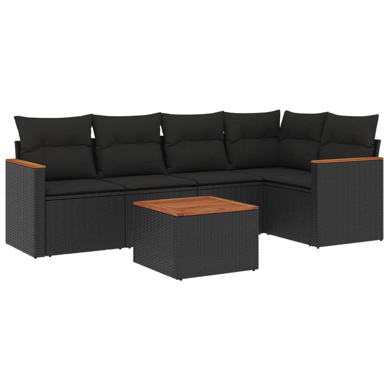 6-delige Loungeset met kussens poly rattan zwart